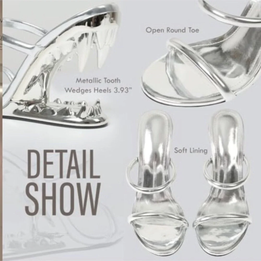 Wedge Sandals Strappy Heels Open Toe Shark Tooth Heel Mules Slip On Party Dress